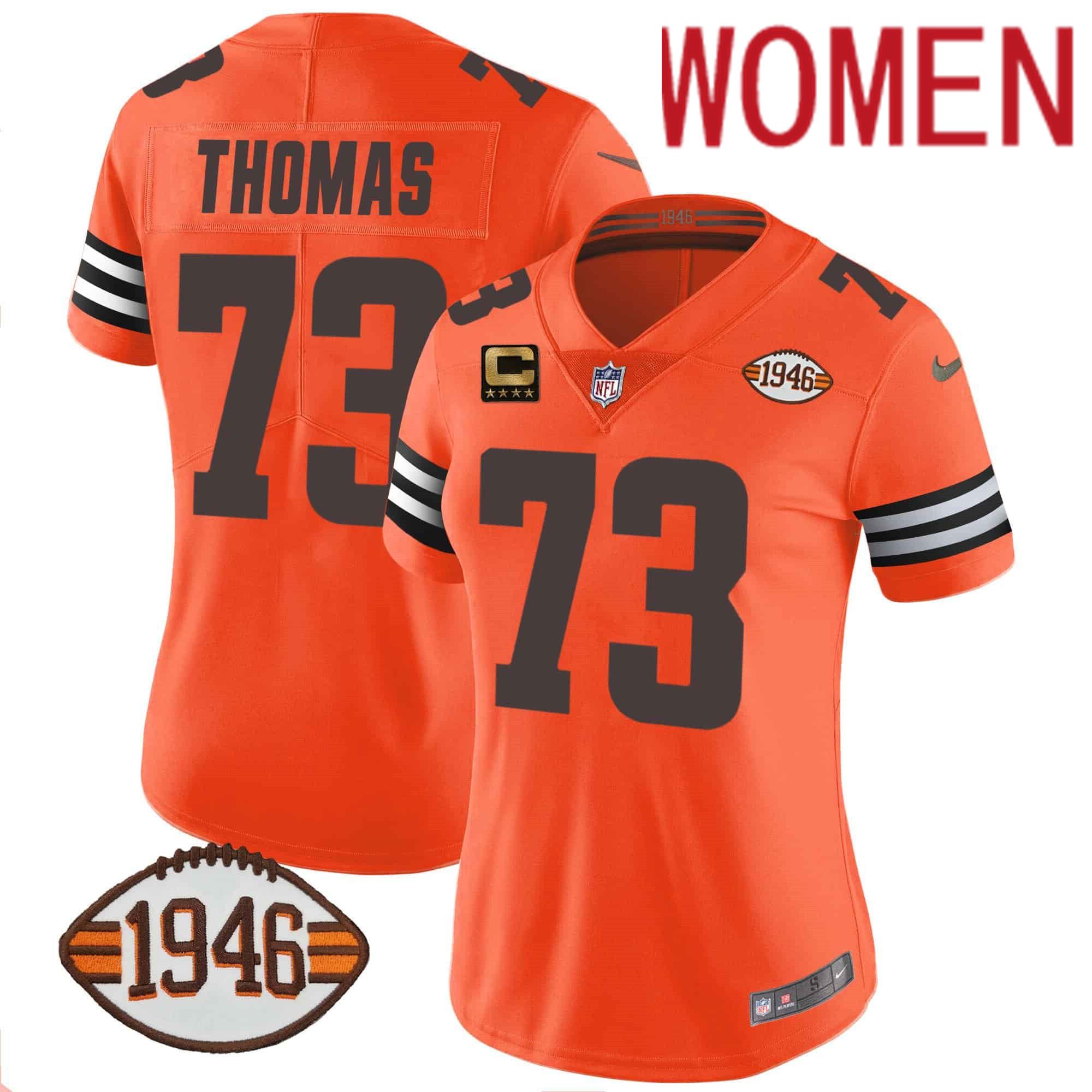 Women Cleveland Browns 73 Thomas Orange 1946 75th Anniversary Patch 2024 Nike NFL Jersey